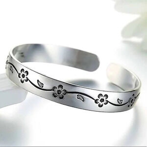 Sterling Silver Flower Bangle Adjustable Cuff Bangle Bracelet